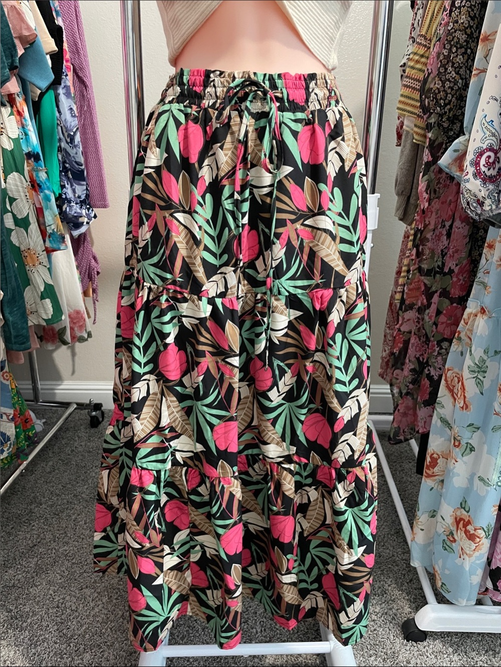 eesome Black Tiered Maxi Skirt with Pink & Mint Leaf Print
